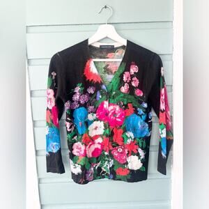 Samantha Sung silk cashmere v neck cardigan black floral print fall moody office